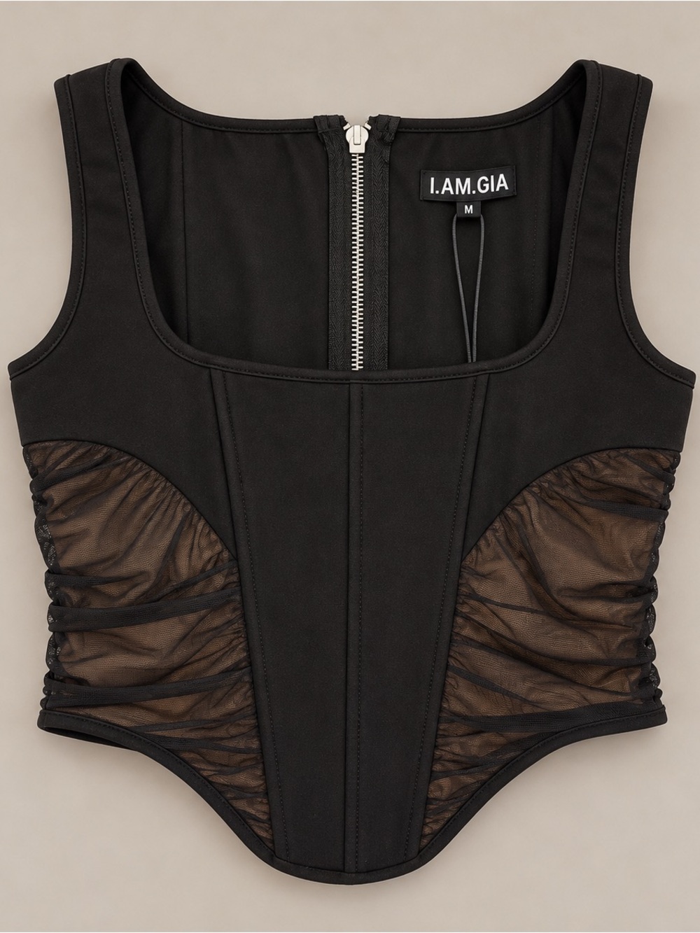 I.AM.GIA Black Mesh-Panel Corset Tank